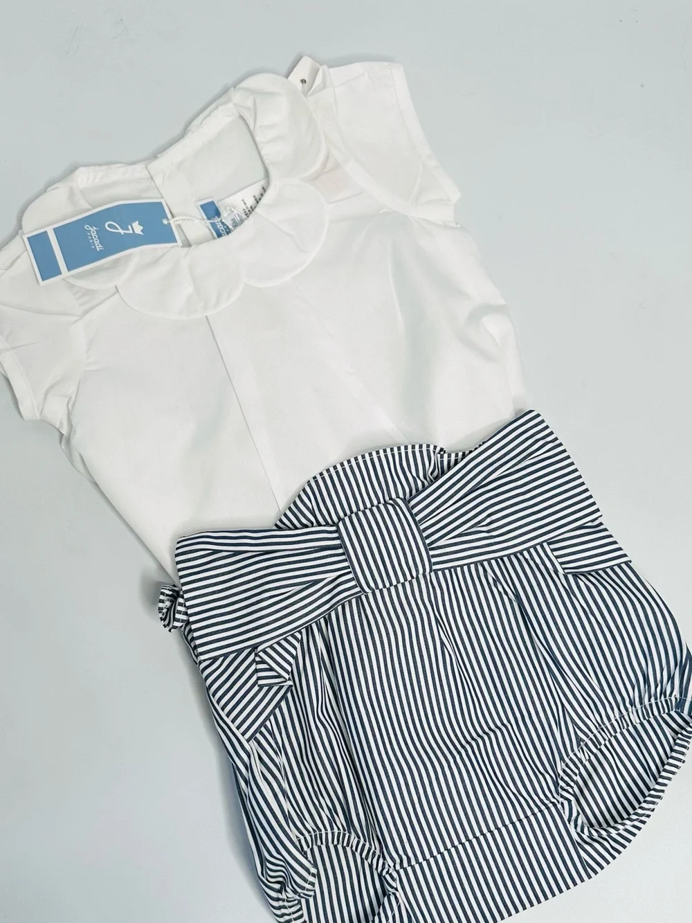 Jacadi White Peter Pan Collar Top with Navy Striped Bow Bloomer